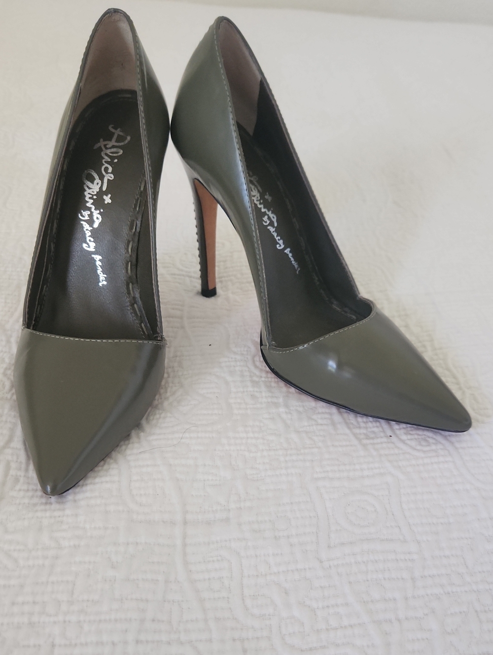 Alice + Olivia Olive Green Patent Pointed Toe Stiletto Pumps